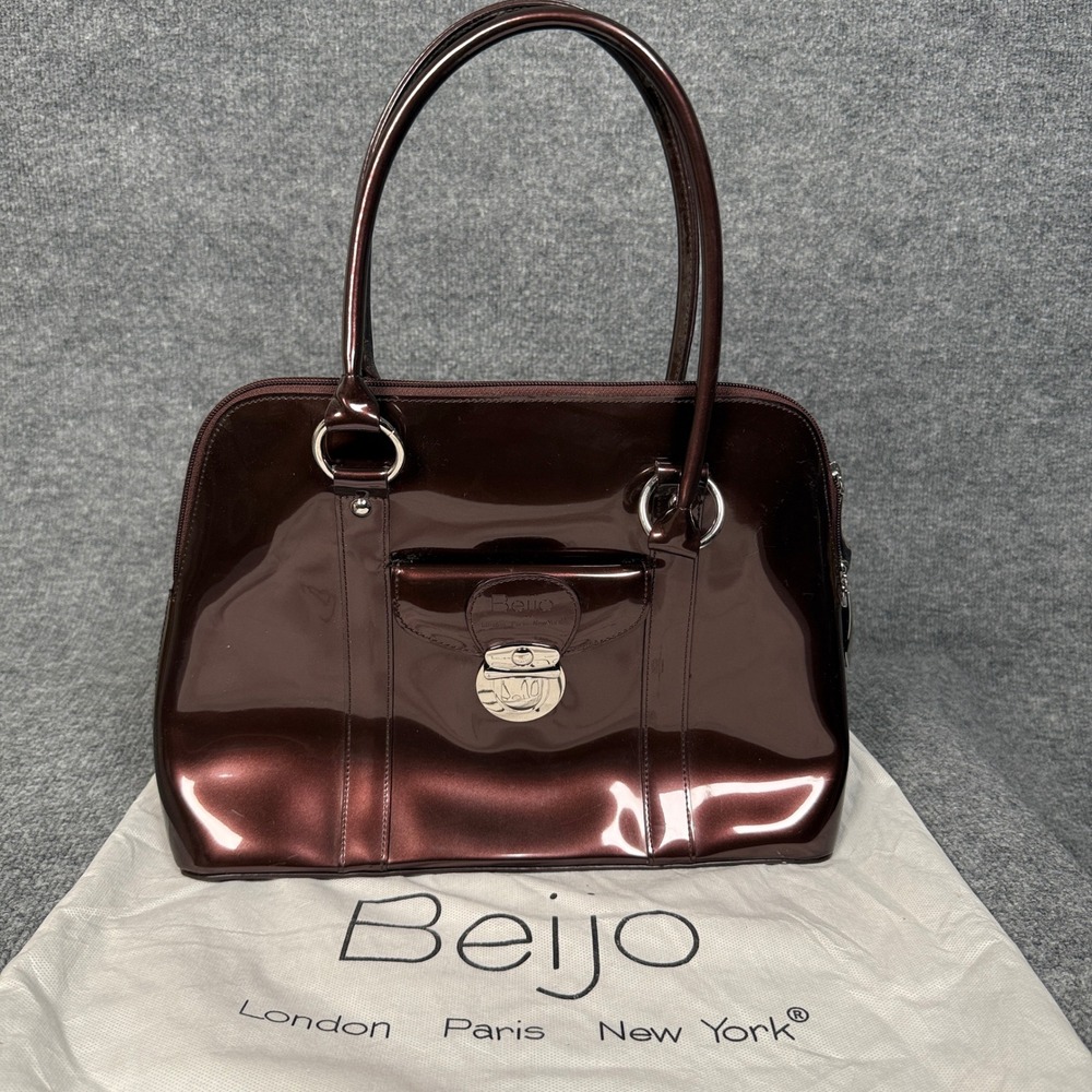 Beijo Satchel Bag Dark Brown Patent Leather Shiny Top Handle Inner Zip Pocket